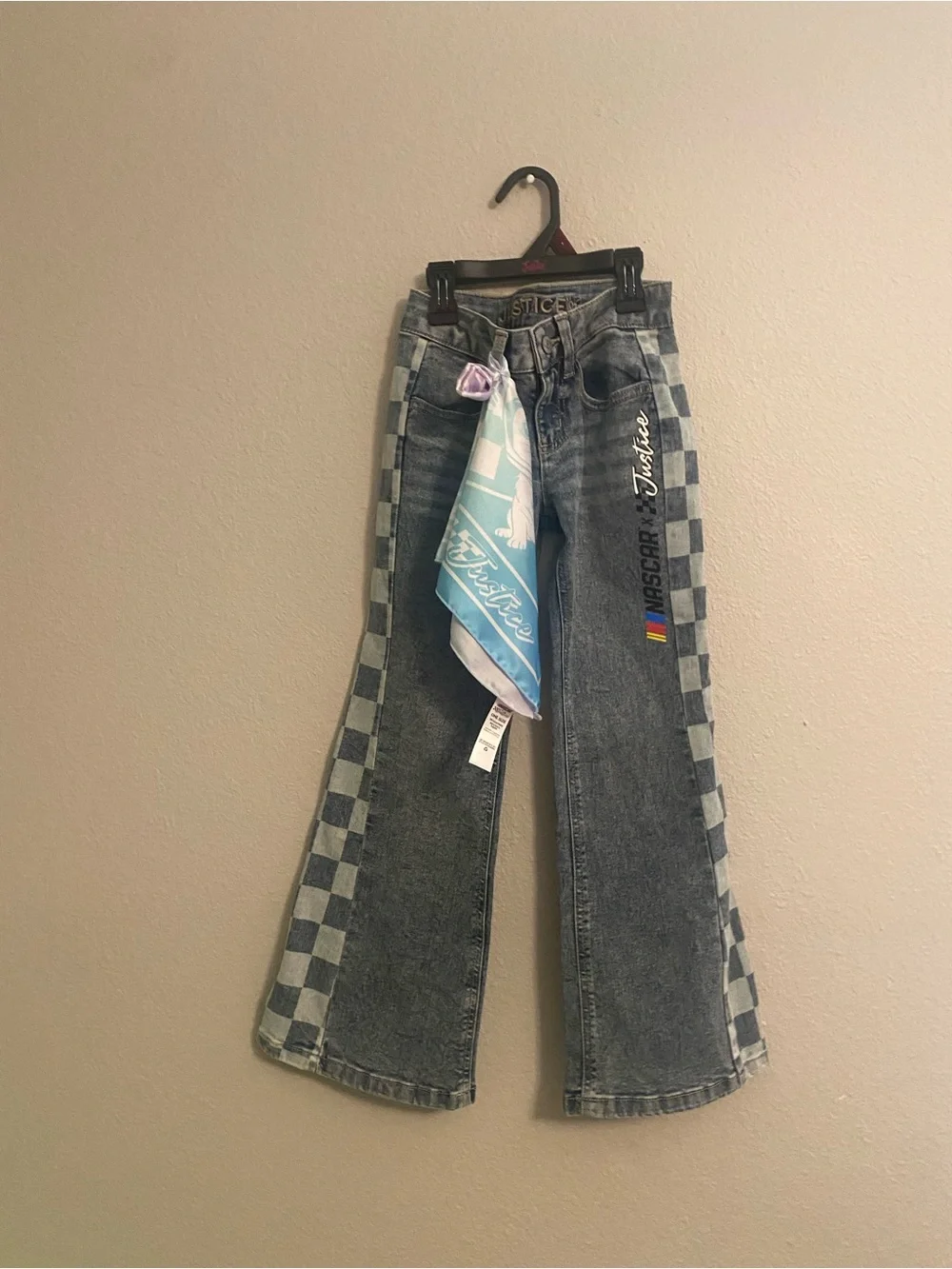 Justice x NASCAR Girls 7/8 Racing Hoodie &‎ Checkerboard Jeans Outfit Set Y2K
